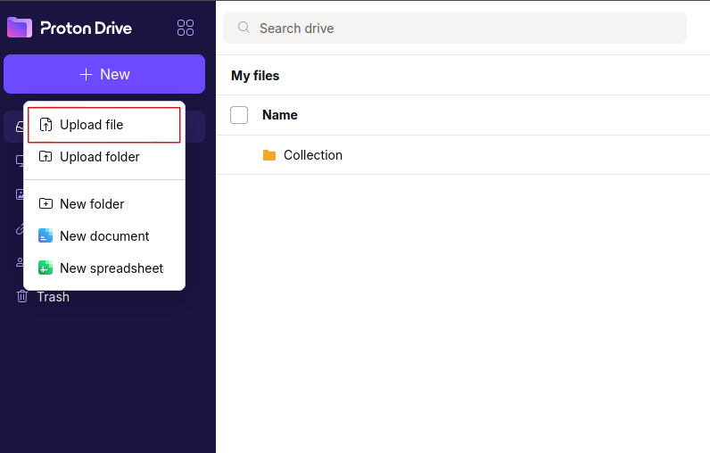 Where to find the upload button on Proton Drive.